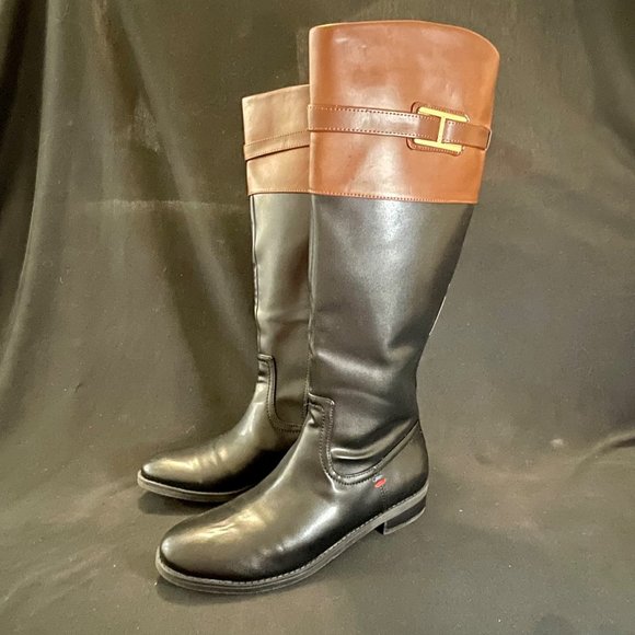 Tommy Hilfiger Brown and Black Leather Riding Boots Size 7 - Picture 1 of 8
